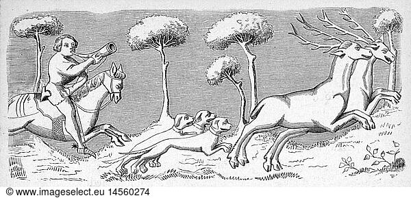 hunt  deer  deer hunt  after miniature from 'Livre du Roy Modus'  France  14th century  wood engraving  19th century