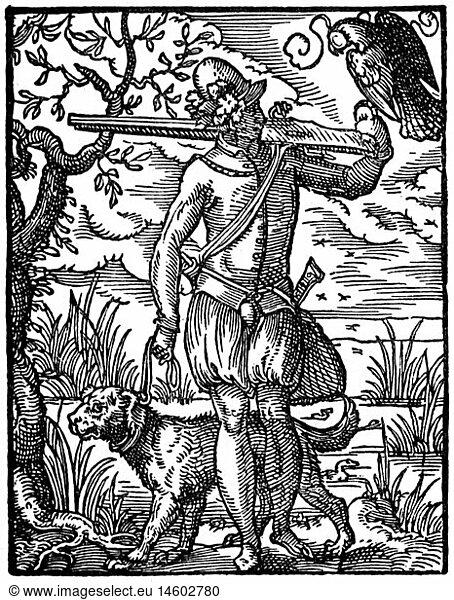 hunt  hunter  'Huntsman'  woodcut  'StÃ¤ndebuch' by Jost Amman  Frankfurt am Main  1568  with verse by Hans Sachs