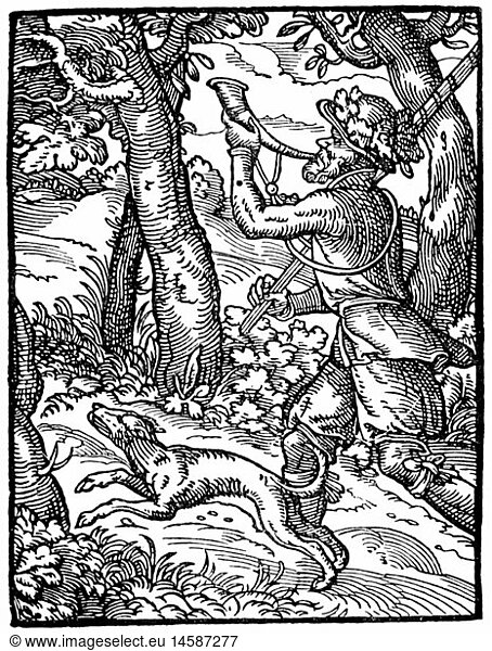 hunt  hunter  woodcut  'Staendebuch' by Jost Amman  Frankfurt am Main  1568  with verse by Hans Sachs