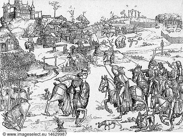 hunt  hunting party  departure of the squires for the hunt  woodcut  15th century  nobility  people  men  man  hunting  rider  riders  horse  horses  hunting dog  hound  gun dog  hunting dogs  gun dogs  hounds  deer  deer hunt  landscape  landscapes  village  villages  castle  castles  leisure time  free time  spare time  squire  hunting party  hunting parties  hunt  hunts  woodcut  woodcuts  historic  historical