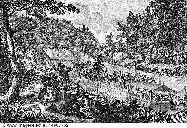 hunt  hunting party  departure to the hunt  copper engraving by Johann Elias Ridinger  Augsburg  mid 18th century  people  society  societies  nobility  hunter  hunters  enclosure  fence  leisure time  free time  spare time  forest  forests  Germany  Holy Roman Empire  Bavaria  corporate hunt  hunting party  shooting party  hunting parties  shooting parties  starting  start  hunt  hunts  historic  historical