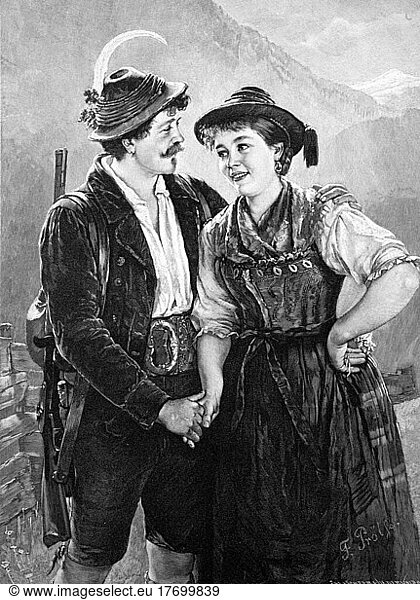 Hunter and mistress in Bavaria  man with hunting rifle and woman in alpine dirndl  Austria  Historic  digitally restored reproduction of a 19th century original  Europe