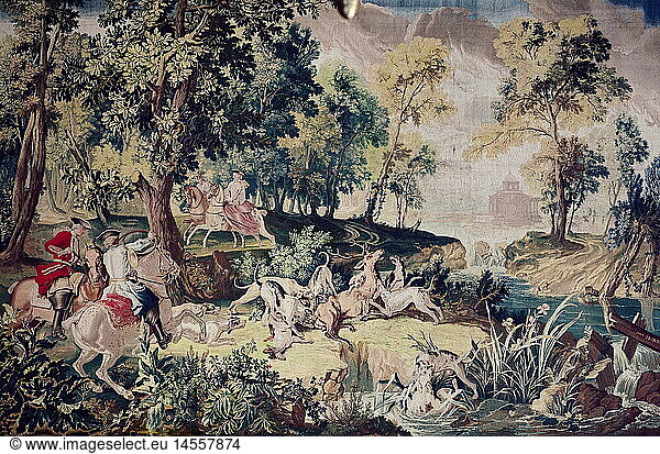 hunting  dear hunting  tapestry  Beauvais  1727