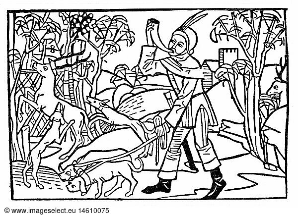 hunting  game  hunter with hounds  woodcut  'Speculum vitae humanae'  1468  of Rodericus Zamorensis  Augsburg  1475