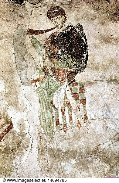 hunting  horse  knight with hunting horn  bugles  fresco  South Tyrol  Italy  early 13th century  historic  historical  hunt  medieval times  Middle Ages  fine arts  hunter  hunters  shield  Eppan  painting  people