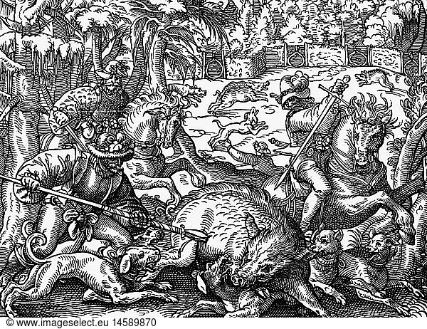 hunting  wild boar hunting in staked district  woodcut by Jost Amman  1560