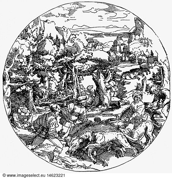 hunting  wild boar hunting  woodcut by Hans Burgkmair the Elder  early 16th century  hunter  nobility  nobleman  hounds  pack  forest  Germany  historic  historical  people