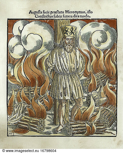 Hus  Jan (Johannes)  Czech church reformer  c. 1370–1415.Hus burnt at the stake.(Execution for heresy  Constance  6 July 1415).Woodcut by Martin Schön.From: Jan Hus und Hieronymus von Prag Historia et monumenta (complete edition)Nuremberg (Montanus & Neuber) 1558.Later colouring.