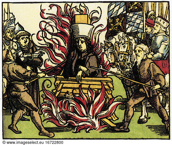 Hus  Jan (John)  Czech church reformer.c. 1370 – 1415.Execution of heretic Jan Hus at the Council of Constance  6th July 1415: Hus at the Stake.Woodcut  16th century.Illustration for Ulrich von Richental’s“Chronik des Konstanzer Konzils .