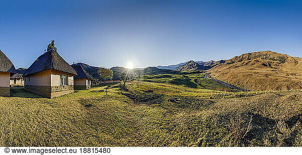 Huts in front of mountains at KwaZulu-Natal  Drakensberg  South Africa