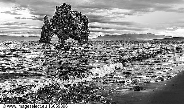 Hvitserkur ist ein 15 Meter hoher Basaltschornstein entlang der Ostküste der Halbinsel Vatnsnes im Nordwesten Islands. Der Fels hat an der Basis zwei Löcher  die ihm das Aussehen eines trinkenden Drachens verleihen; Hunaping vestra  Nordwestliche Region  Island