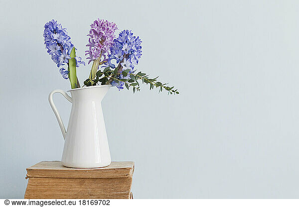 Hyacinth flowers in vase on old books