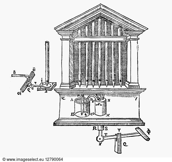 HYDRAULIC INSTRUMENT. Hydraulic instrument invented by Hero of Alexandria  3rd century A.D. Woodcut  Italian  1587.