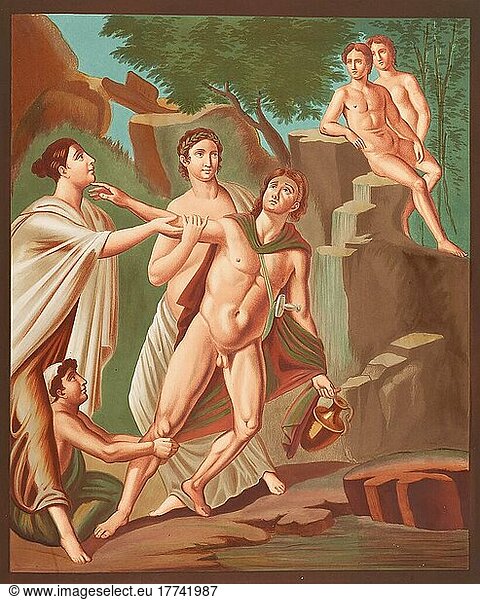 Hylas  Mann aus der Argonautensage der griechischen Mythologie  von den Nymphen entzückt  Wandmalerei  Fresko aus dem historischen Pompeji  digital restauriert