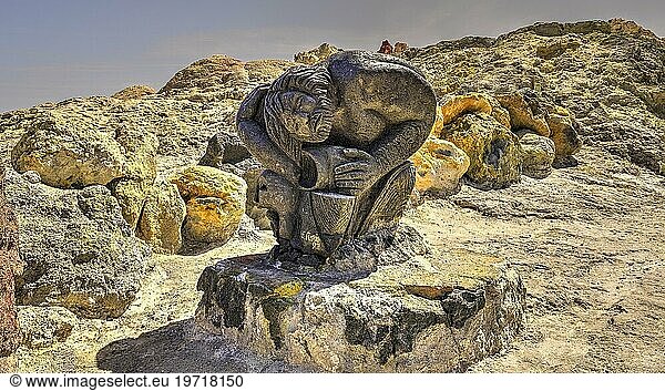 I Fanghi di Vulcano  artwork  silver-coloured  statue  yellow sulphur stones  lava rock  Vulcano  Aeolian Islands  Sicily  Italy  Europe