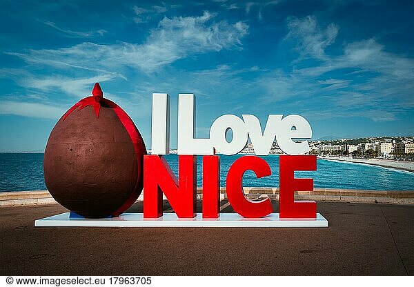 I love Nice in Easter style with chocloate egg with Nice town and beach in background  Nice  Frankreich  Europa