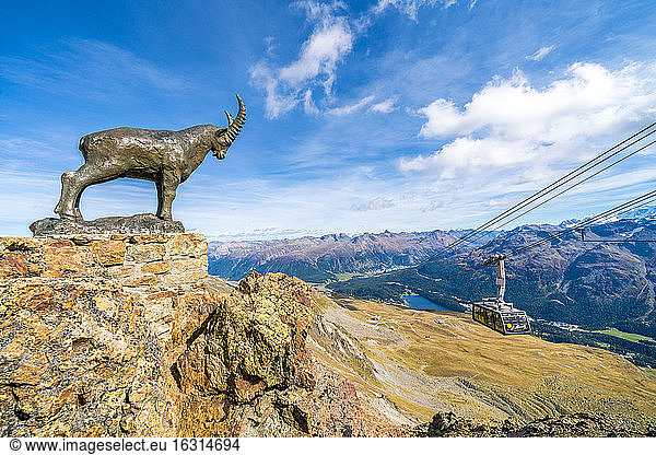 Ibex statue on rocks surrounding the cable car going up to Piz Nair  St. Moritz  Engadine  canton of Graubunden  Switzerland  Europe