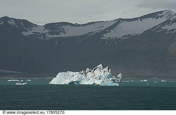 Ice chunks on the lake Jökulsarion with mountains in the background  Iceland  Europe