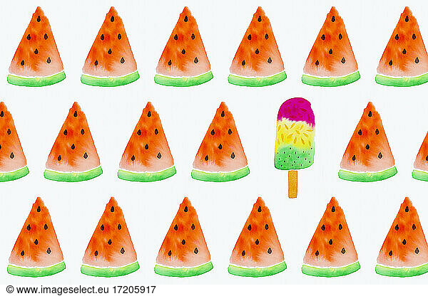 Ice cream bar and watermelons painting on white background