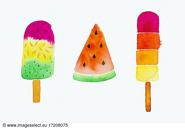 Ice cream bars and watermelon painted with watercolor on white paper