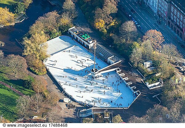 Ice rink  INDOO Eisarena Hamburg  Planten un Blomen  city  towns  cityscape  ice  skating  skaters  aerial view  aerial photo  from  above  downtown  ice  winter  winterly  sports  winter sports  Hamburg  Germany  Europe