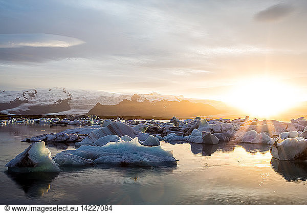 Icebergs and ice chunk at sunset,  South Iceland,  Iceland,  Polar Regions