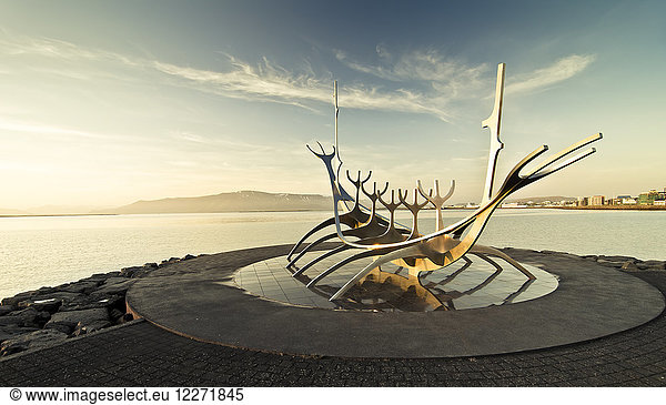 Iceland  Reykjavik  sculpure The Sun Voyager in the morning light