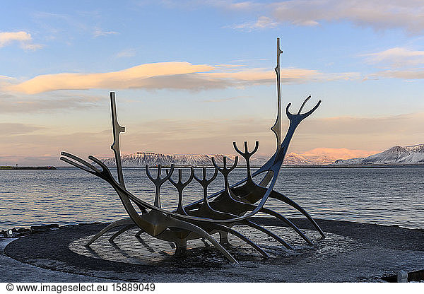 Iceland  Reykjavk  Sun Voyager sculpture at dusk