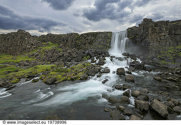 Iceland  Sudurland  Long exposure of Oxararfoss waterfall