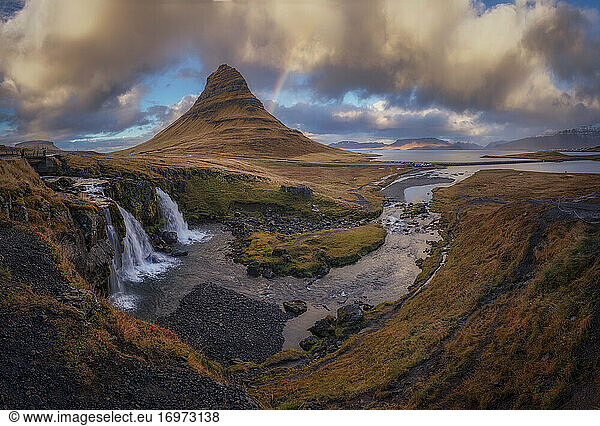 Iceland with spectacular landscapes  between mountains and waterfalls