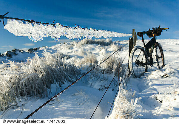 Icy barbed wire fence and bicycle