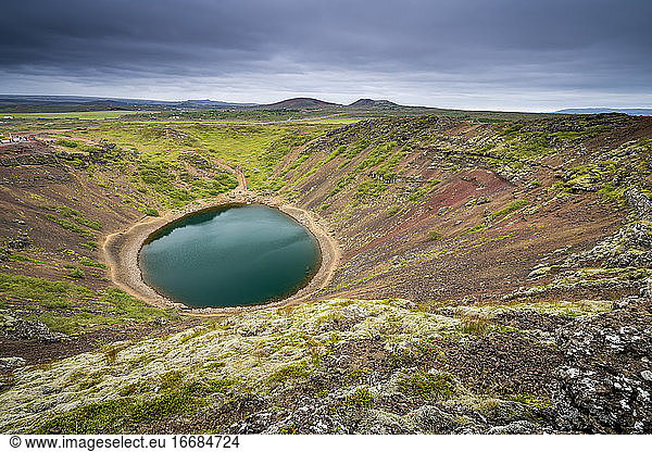 Idyllic shot of Kerid Crater lake  Grimsnes  South Iceland  Iceland