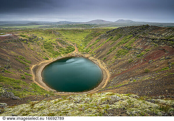 Idyllic shot of Kerid Crater lake  Grimsnes  South Iceland  Iceland