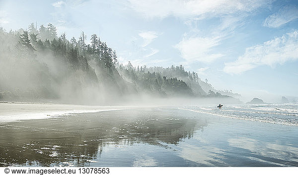 Idyllic view of Indian Beach at Ecola State Park during foggy weather
