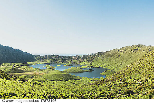 Idyllic view of lake amidst mountains at Corvo Island  Azores  Portugal