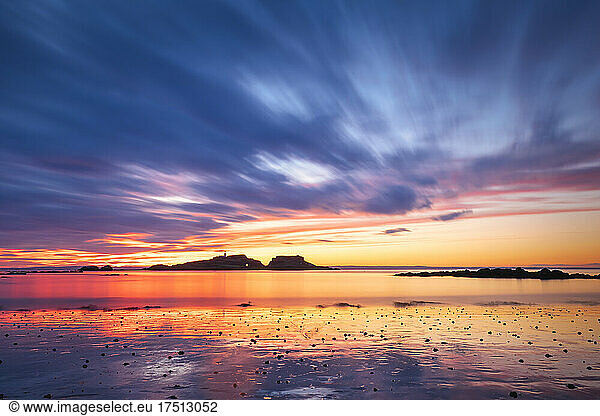 Idyllic view of Yellowcraigs Beach against sky during sunset  East Lothian  Scotland