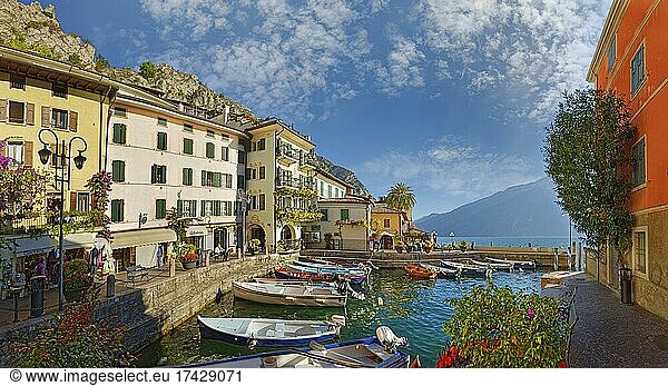 Idyllisches Fischerdorf und Hafen mit bunten Booten  Limone Sul Garda  Brescia  Gardasee West  Lombardei  Italien  Europa