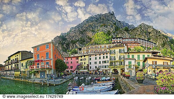Idyllisches Fischerdorf und Hafen mit bunten Häusern und Booten  Limone Sul Garda  Brescia  Gardasee West  Lombardei  Italien  Europa