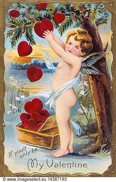 If You"d Only Be My Valentine"  1910. Cupid is gathering a basket of red hearts from a Pine tree which  in the language of flowers represents Daring. In Roman mythology Cupid was the son of Venus  goddess of love (Eros and Aphrodite in the Greek Pantheon). The identity of St Valentine is uncertain  the most popular candidates are Valentine  bishop of Terni (3rd century) or a Roman Christian convert martyred c270). St Valentine"s Day  celebrated on 14 February  probably replaces the Roman pagan festival of Lupercalia.