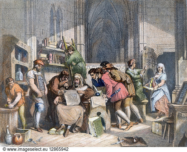 ILLIAM CAXTON (1422-1491). First English printer. 'The first sheet from Caxton's press.' Engraving  19th century  after a painting by E.H. Wehnert.