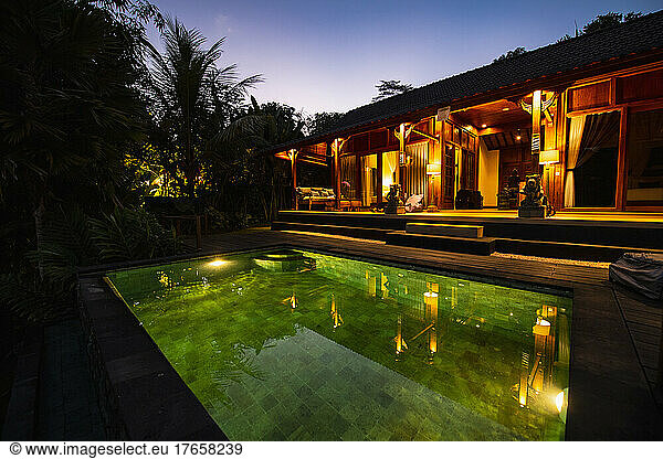 illuminated bungalow at luxury resort in Bali