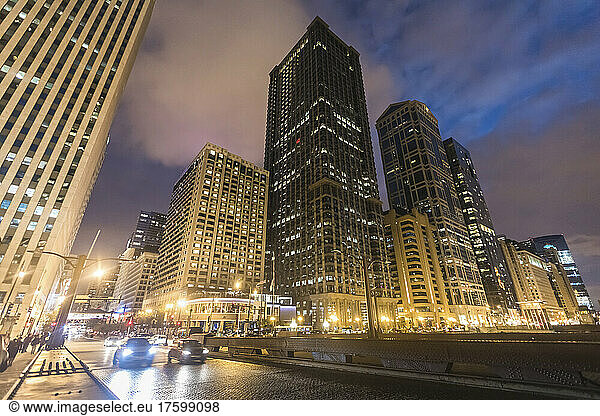 Illuminated city view at night  Chicago  USA