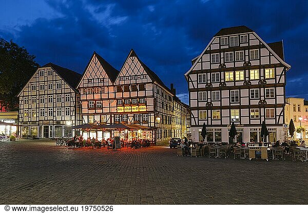 Illuminated half-timbered houses on the market square  Blue Hour  Soest  North Rhine-Westphalia  Germany  Europe