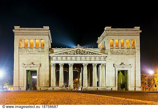 Illuminated Propylaea at the Koenigsplatz in Munich