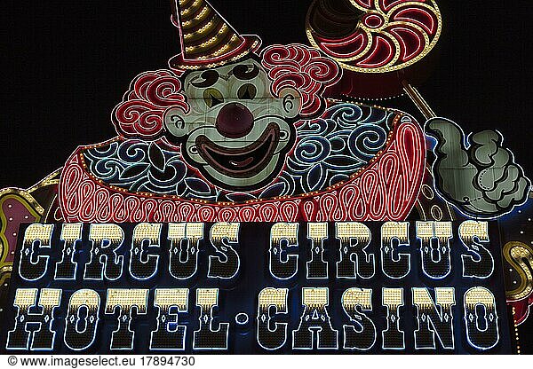 Illuminated sign at night  with clown and lettering Circus Circus  Casino  Hotel  Las Vegas Strip  Las Vegas  Nevada  USA  North America