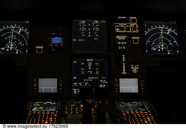 Illuminated speedometers on illuminated control panel in cockpit
