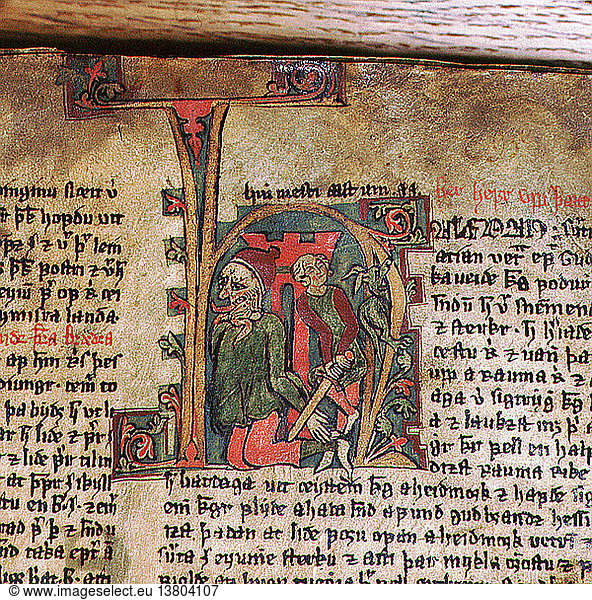 Illumination aus dem isländischen Manuskript Flateyjarbok  die zeigt  wie König Harold Fine Hair die Fesseln des Riesen Dofri durchtrennt  der in der isländischen Folklore sein Ziehvater werden sollte.