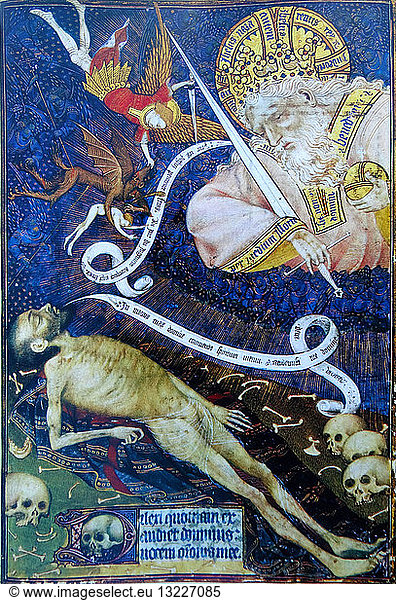 Illumination from the Rohan Book of Hours titled 'The Death before his judge'
