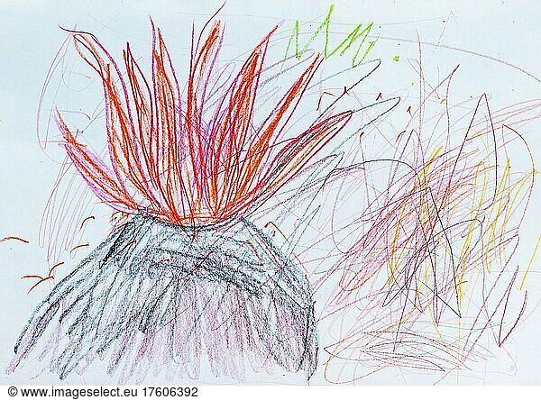 Illustration  children's drawing  volcanic eruption with red lava