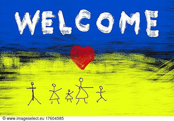 Illustration  children's drawing  Welcome with red heart and stick figures on Ukrainian colours  Ukraine conflict